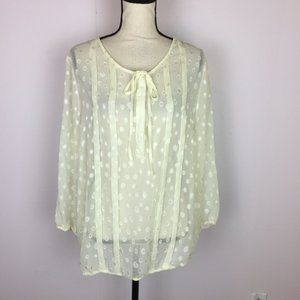 Pleione Blouse Top XL Woman Ivory Cream Sheer Polka Dot 3/4 Sleeve Elastic Waist